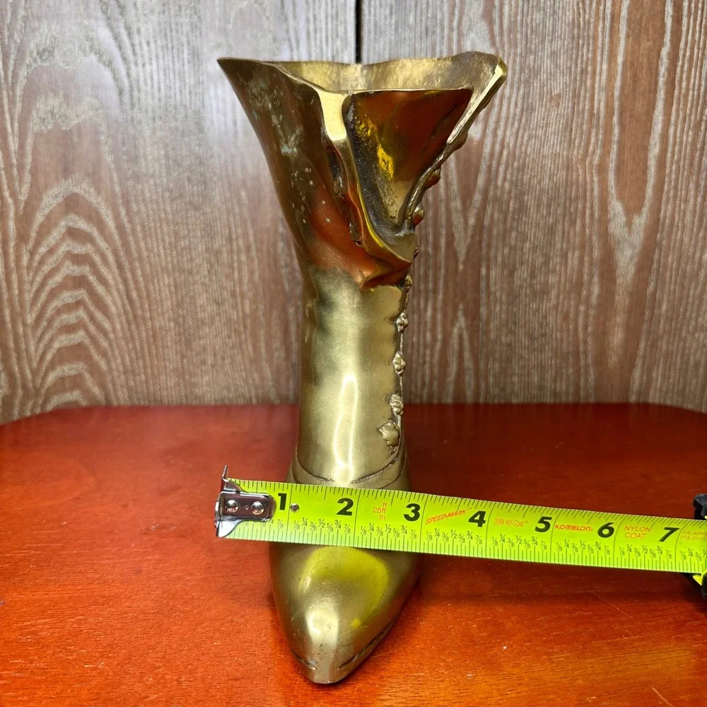 Vintage Solid Brass Victorian High Top Button Boot Vase Planter Decor 9